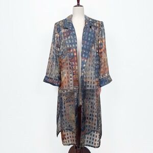 Dani Max Top Womens 16 Plus Blue Moody Geometric Sheer Open Front Artsy‎ Autumn